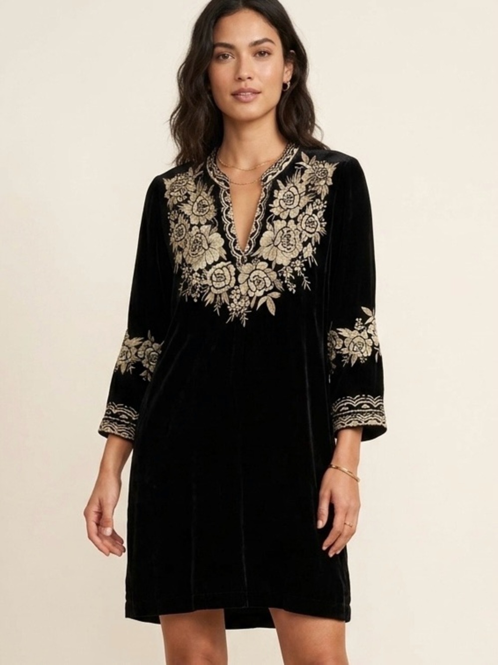 Johnny Was Black Velvet Embroidered Tunic Dress Small Gold Floral Boho V-Neck
